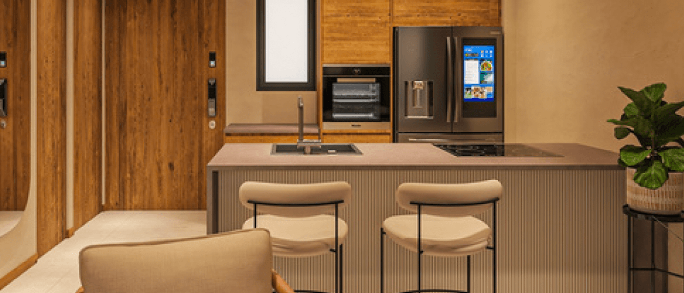 One-bedroom kitchen with bar seating and Samsung smart fridge