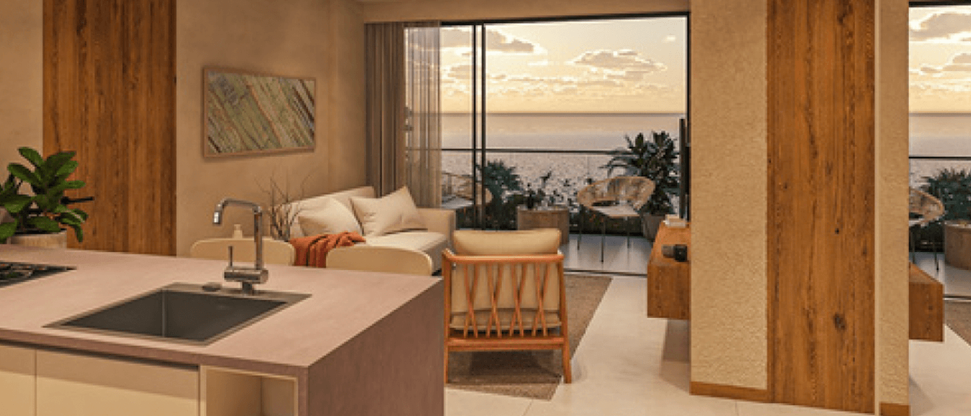 Two-bedroom living area and kitchen with ocean view
