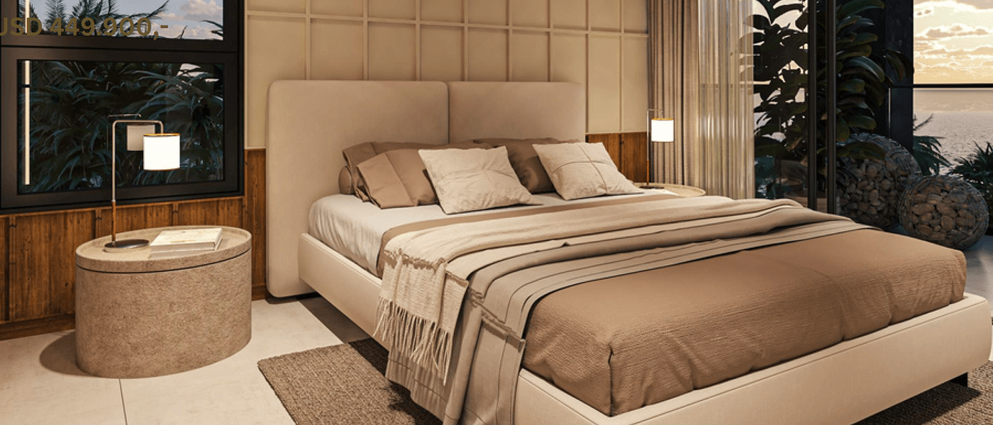 Two-bedroom master suite with sliding doors to balcony